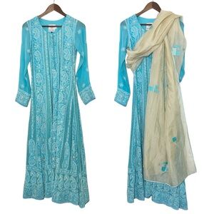 Devam Turquoise Blue Lucknowi Chikankari Georgette Embroidered Anarkali Dress